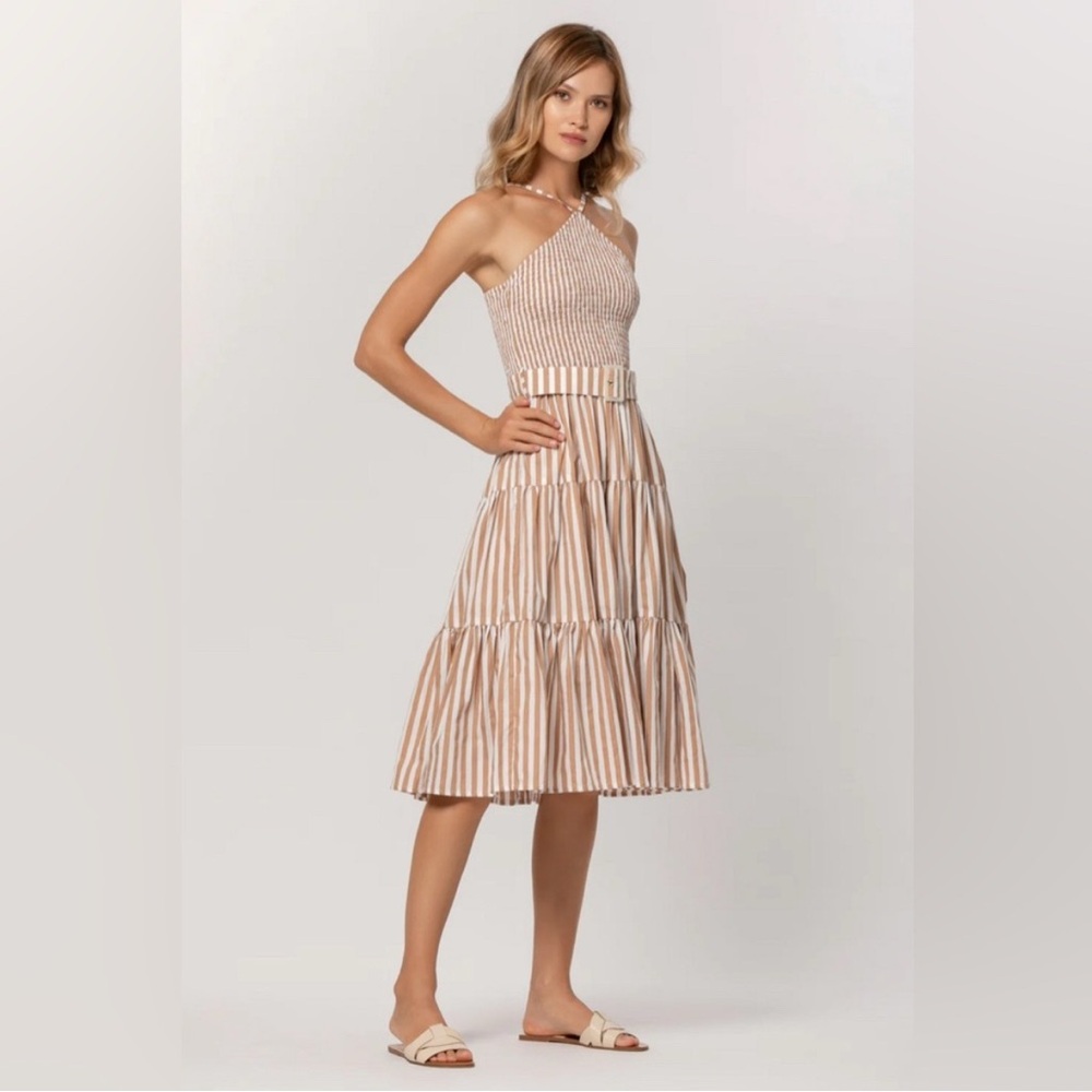 Sleeveless Beige Striped Midi Dress - Classic Summer Style